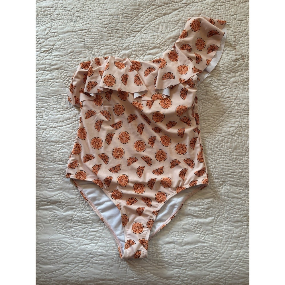 The Oaks Apparel Orange Slice Ruffle One Shoulder Swimsuit UPF 50+ Peach Medium